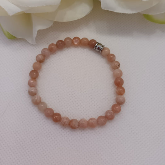 Bracelet pierre de lune rose - perle acier inox - élastique 15,5 cm