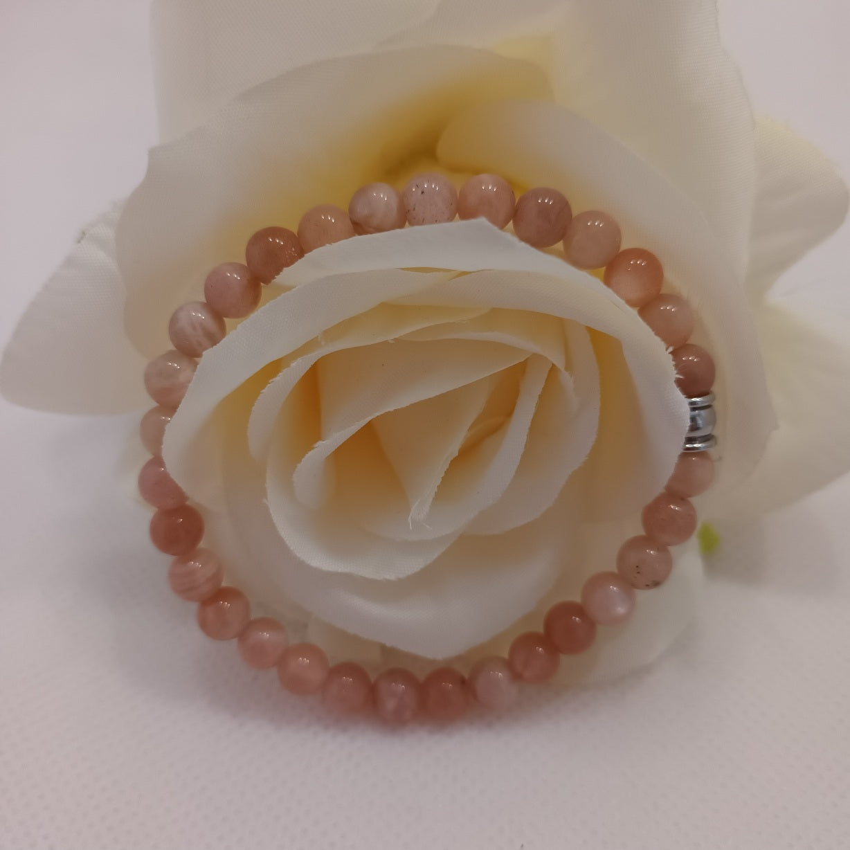 Bracelet pierre de lune rose - perle acier inox - élastique 15,5 cm