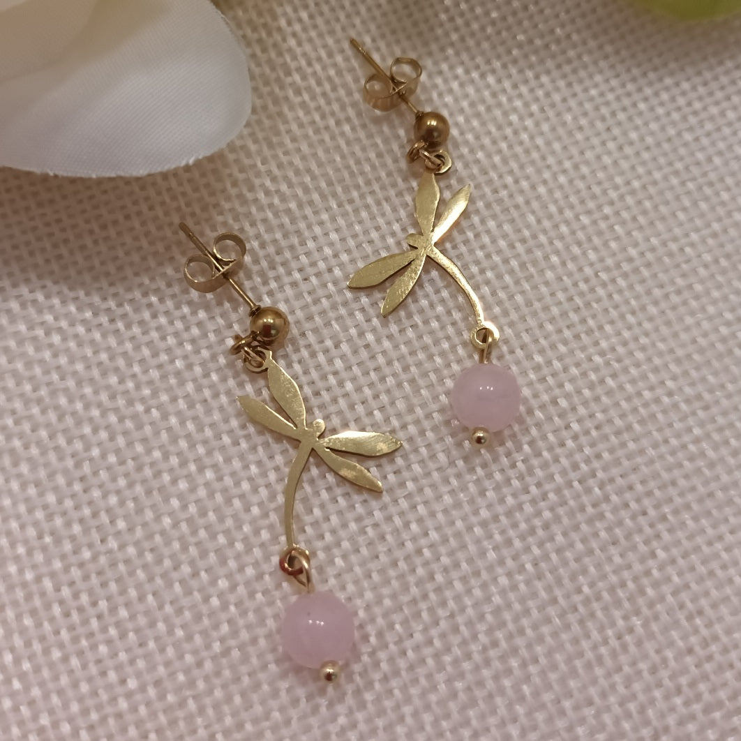 Boucles d’oreilles quartz rose - motif libellule - acier inoxydable - 4 × 1,5 cm