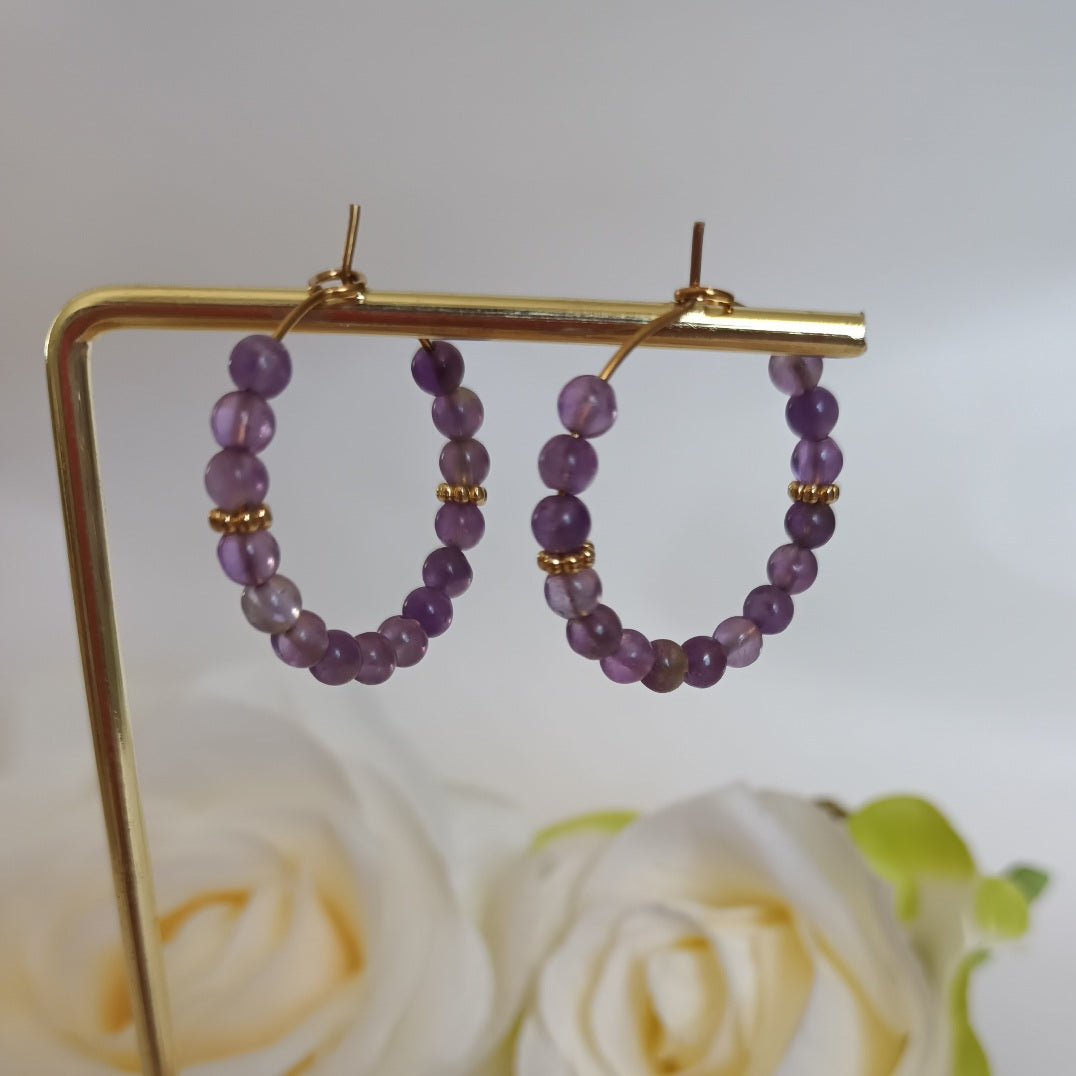 Boucles d’oreilles améthyste - anneaux 2,7 cm - acier inoxydable