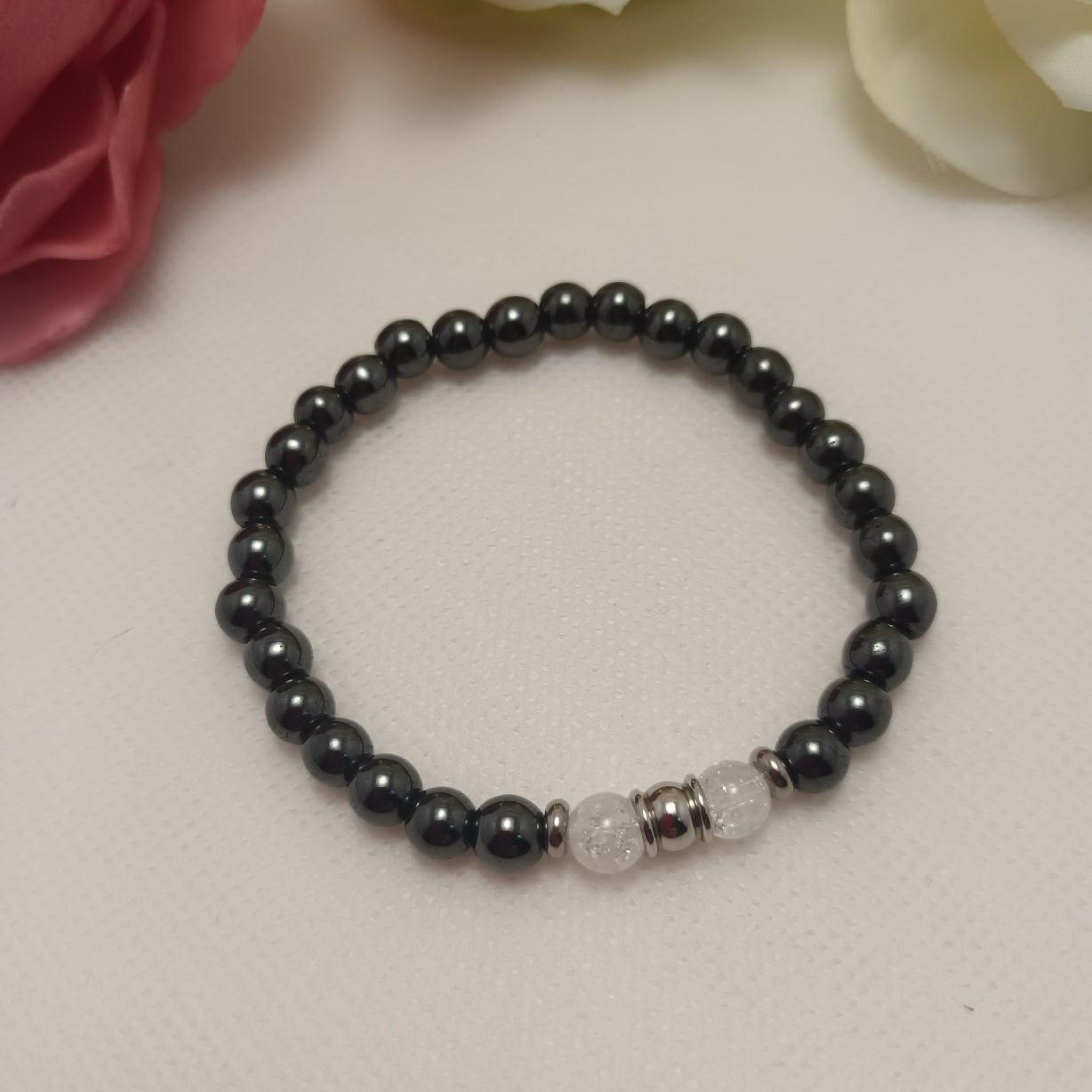Bracelet hématite magnétique et cristal de roche 6 mm - perles acier inox - élastique 16 cm