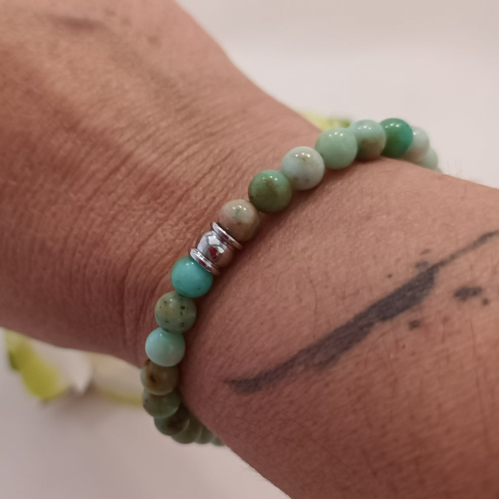 Bracelet turquoise de Mongolie 6 mm - perle acier inox - élastique 16 cm