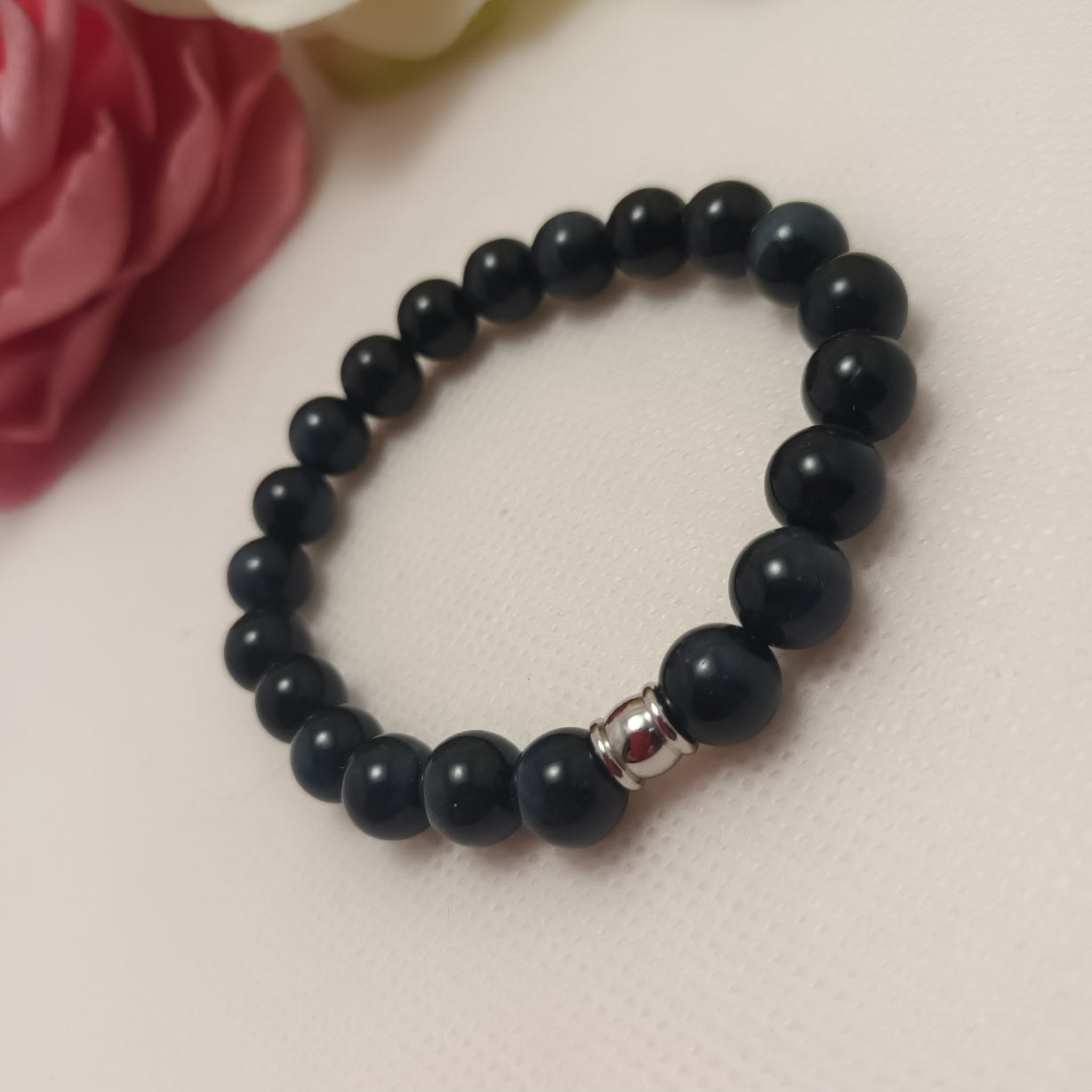 Bracelet œil de faucon 8 mm - perle acier inox - élastique 15 cm