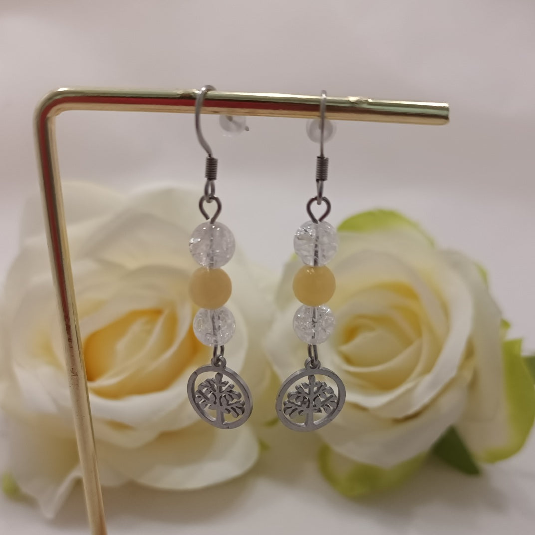 Boucles d’oreilles cristal de roche & calcite orange - acier inoxydable - 5,3 × 1 cm