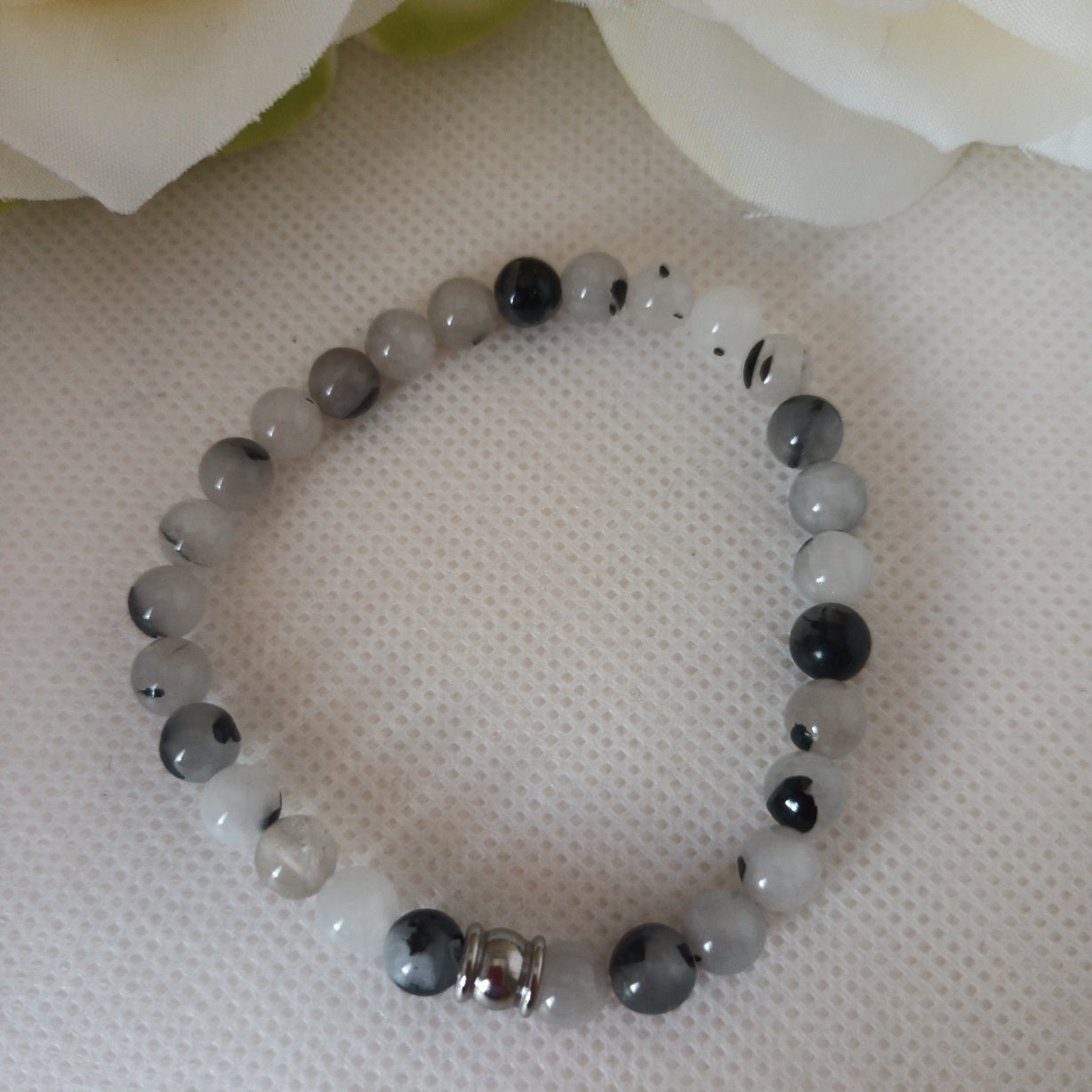 Bracelet quartz tourmaline 6 mm - perle acier inox - élastique 16 cm