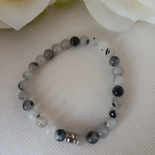 Bracelet quartz tourmaline 6 mm - perle acier inox - élastique 16 cm