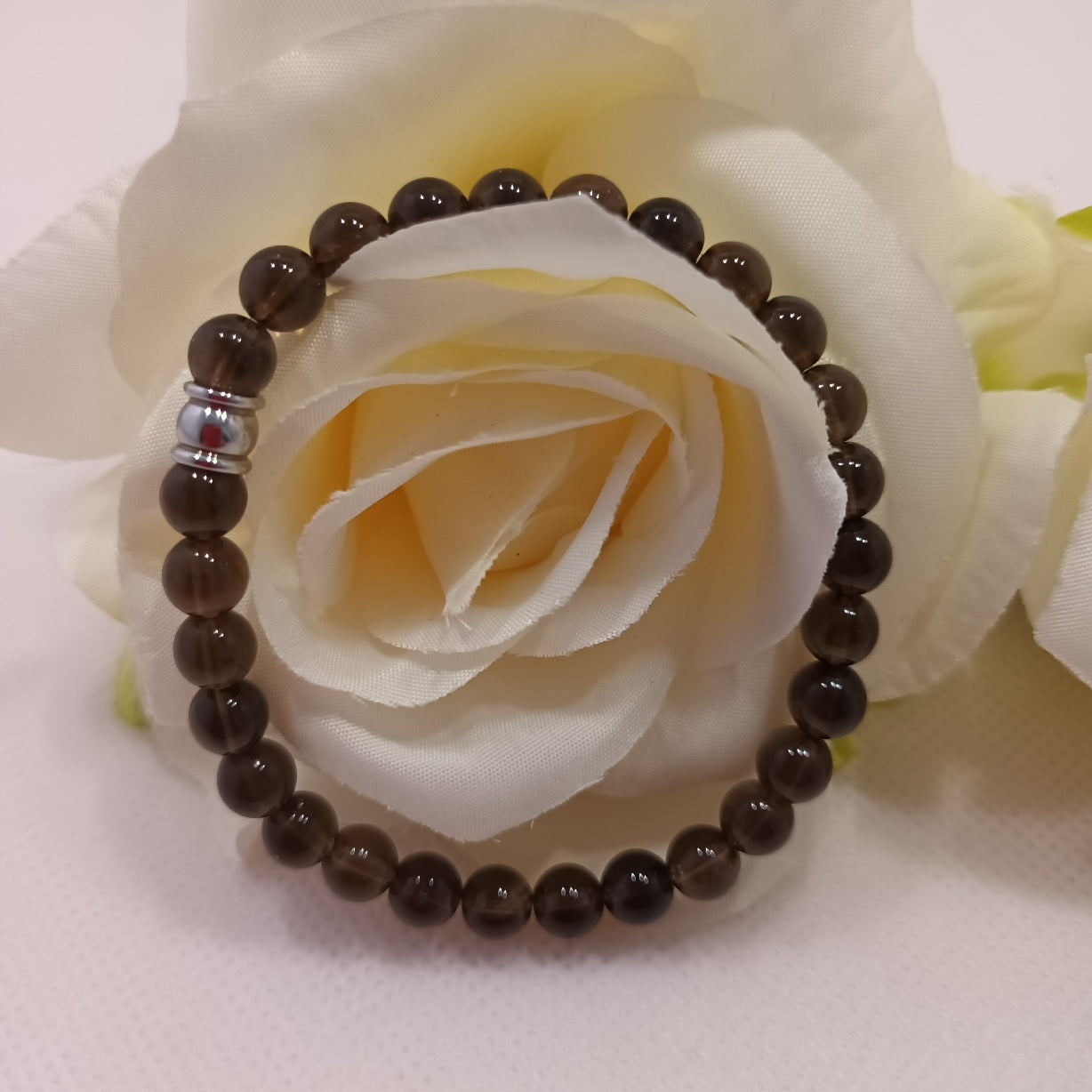 Bracelet quartz fumé 6 mm - perle acier inox