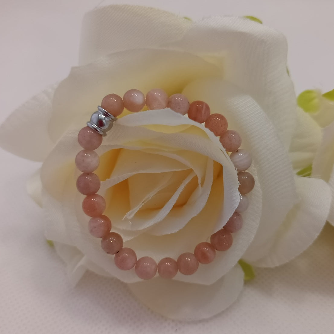 Bracelet pierre de lune rose - perle acier inox - élastique 12 cm - enfant