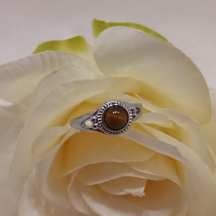 Bague réglable œil de tigre - pierre ronde - laiton rhodié