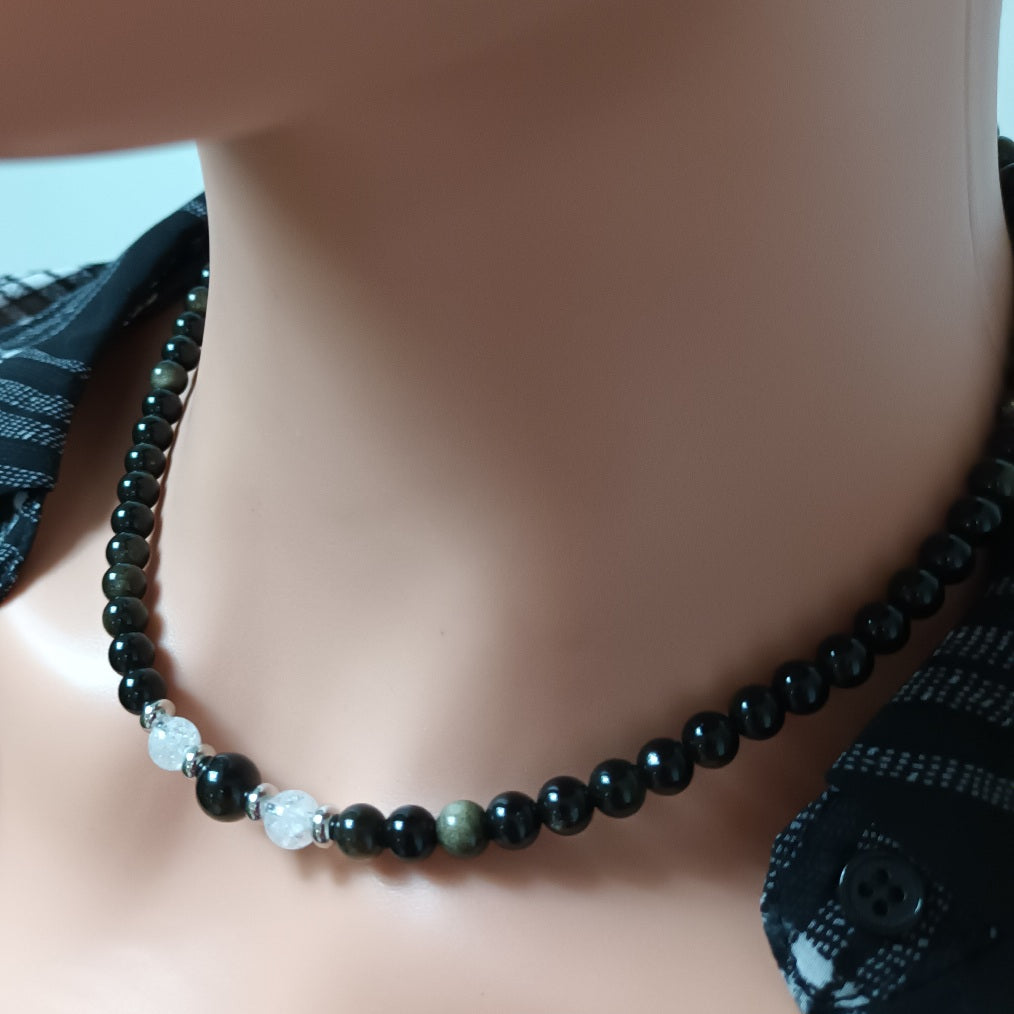 Collier obsidienne dorée & cristal de roche - perles acier inox - réglable