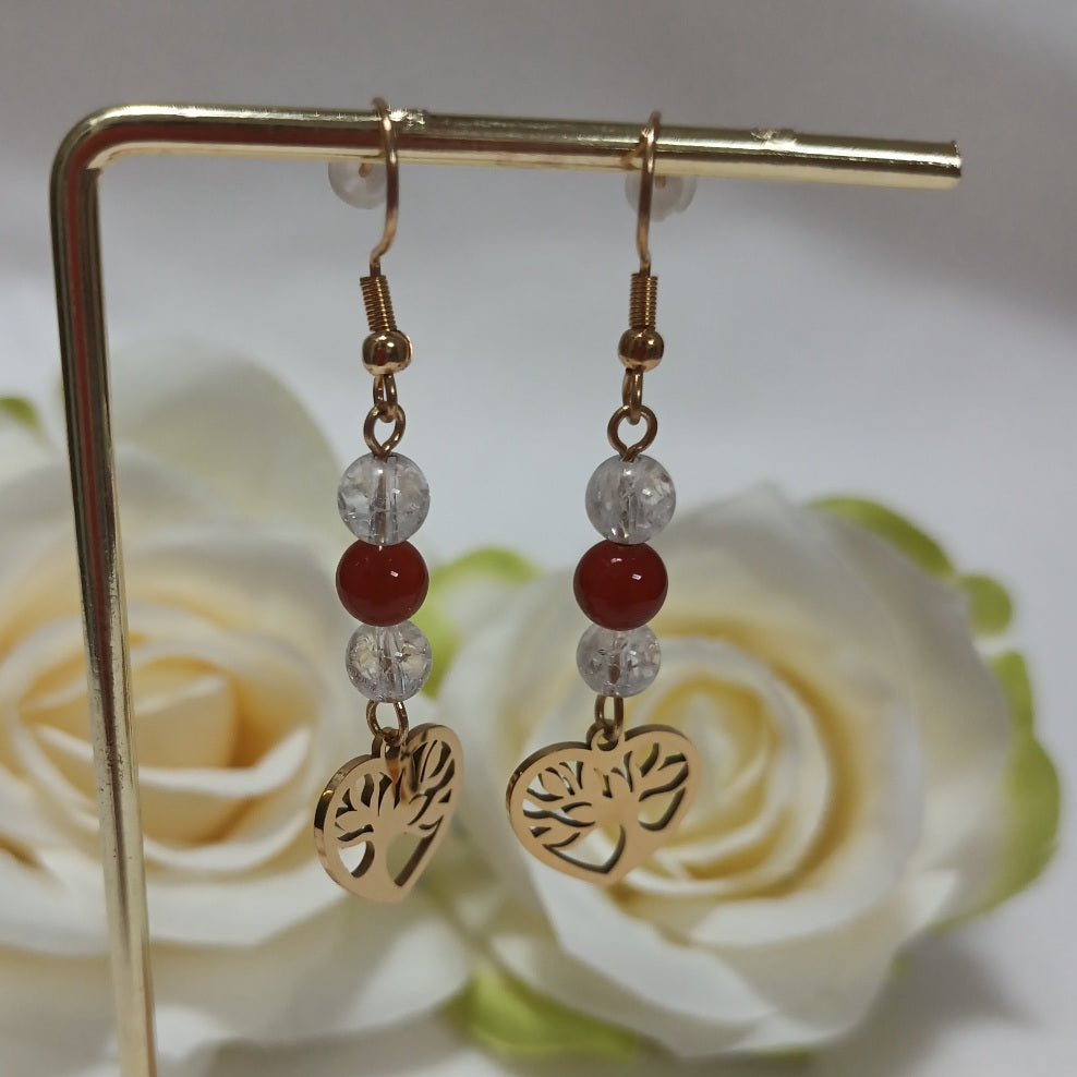Boucles d’oreilles cornaline & cristal de roche - acier inoxydable - 5,5 × 1,5 cm