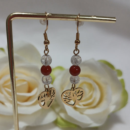 Boucles d’oreilles cornaline & cristal de roche - acier inoxydable - 5,5 × 1,5 cm