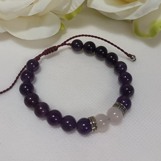 Bracelet améthyste & quartz rose 8 mm - breloques acier inox - réglable