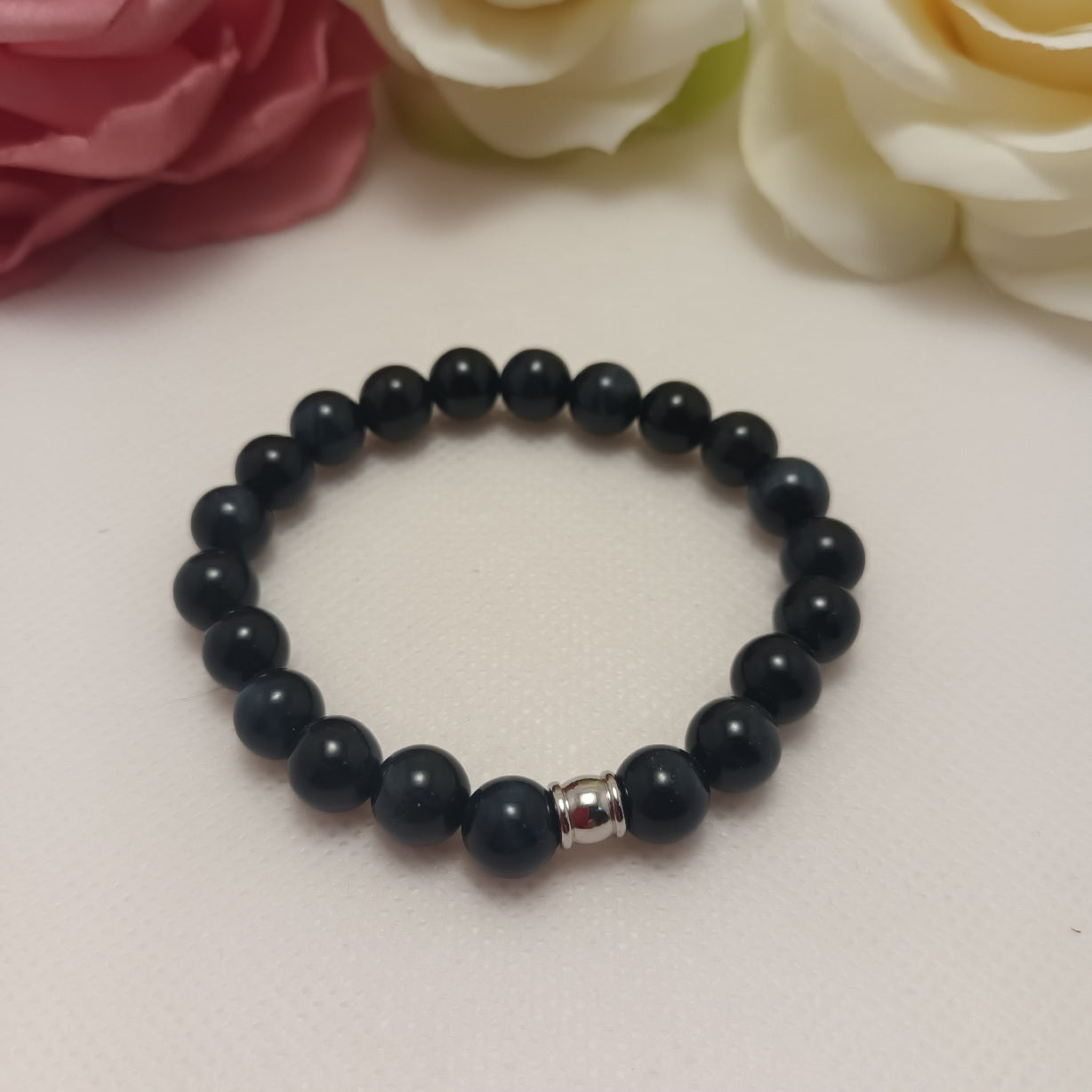 Bracelet œil de faucon 8 mm - perle acier inox - élastique 15 cm