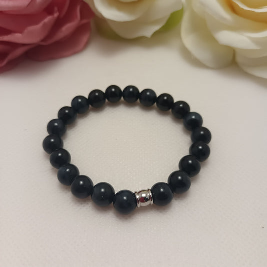 Bracelet œil de faucon 8 mm - perle acier inox - élastique 15 cm