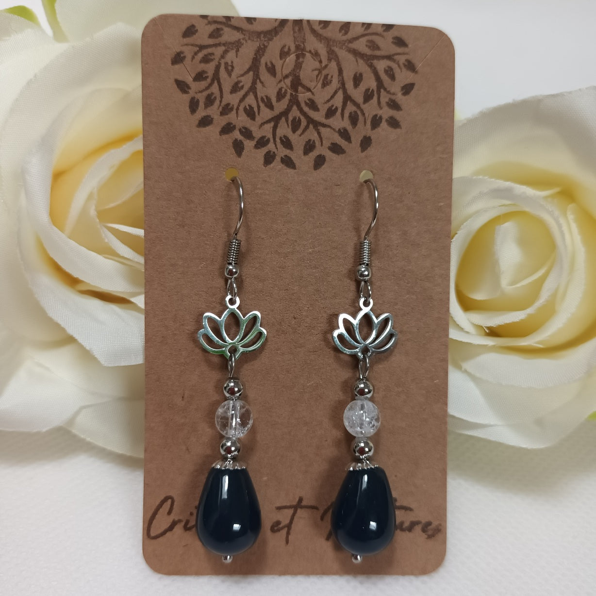 Boucles d’oreilles jade bleu & cristal de roche - acier inoxydable - 6 × 1,1 cm