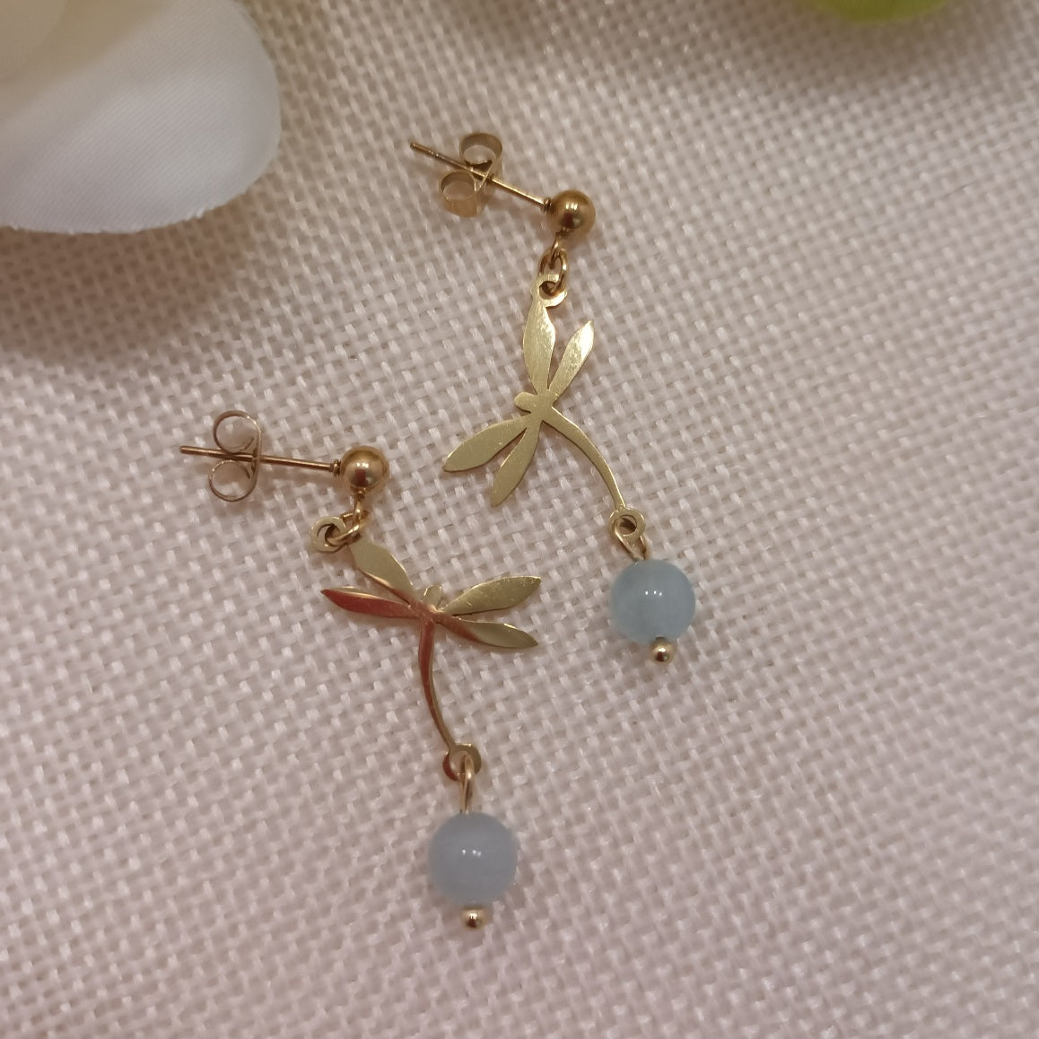 Boucles d’oreilles aigue‑marine - motif libellule - acier inoxydable - 4 × 1,5 cm
