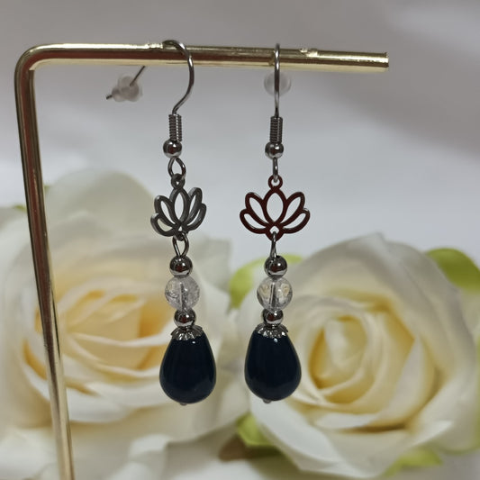 Boucles d’oreilles jade bleu & cristal de roche - acier inoxydable - 6 × 1,1 cm
