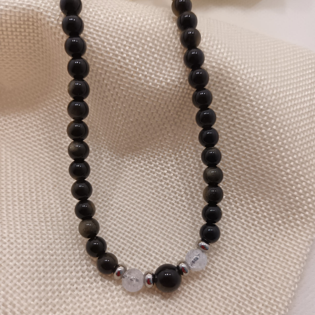 Collier obsidienne dorée & cristal de roche - perles acier inox - réglable