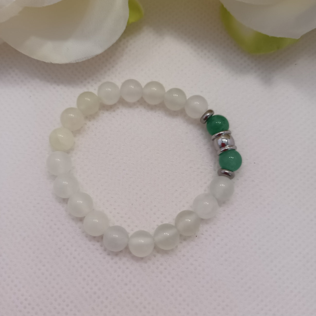 Bracelet jade de Chine & aventurine verte 6 mm - perles acier inox - élastique 12 cm - enfant