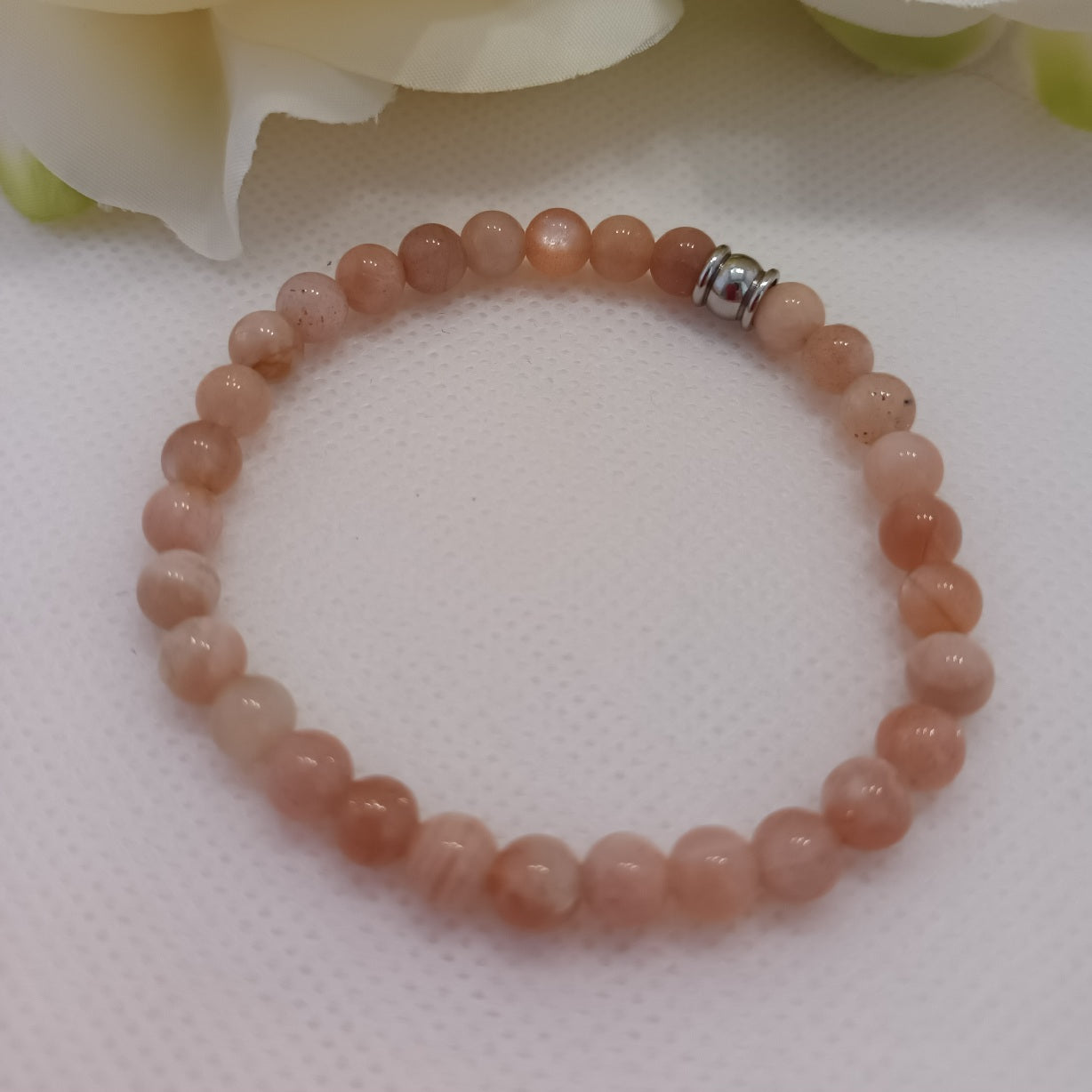 Bracelet pierre de lune rose - perle acier inox - élastique 15,5 cm