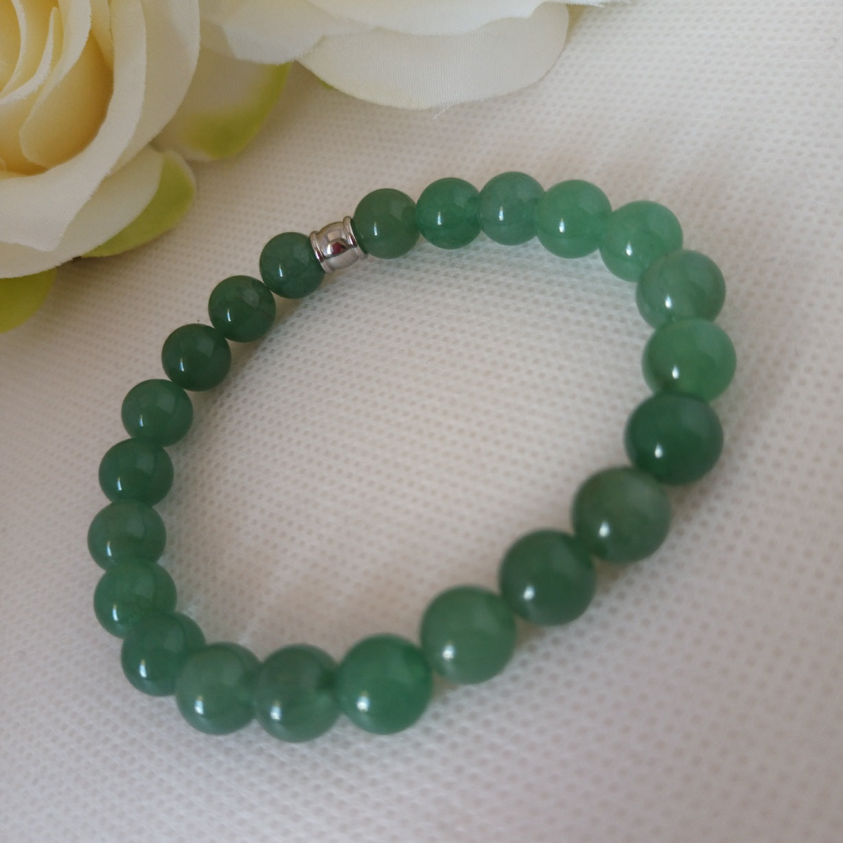 Bracelet aventurine verte 8 mm - perle acier inox - élastique 17 cm