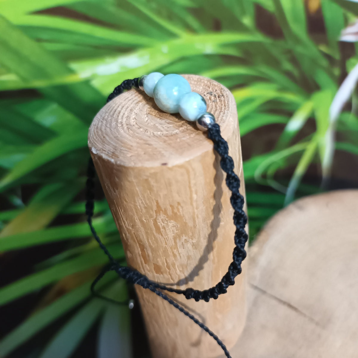 Bracelet larimar – perles 8 mm et 6 mm -  micro‑macramé – réglable
