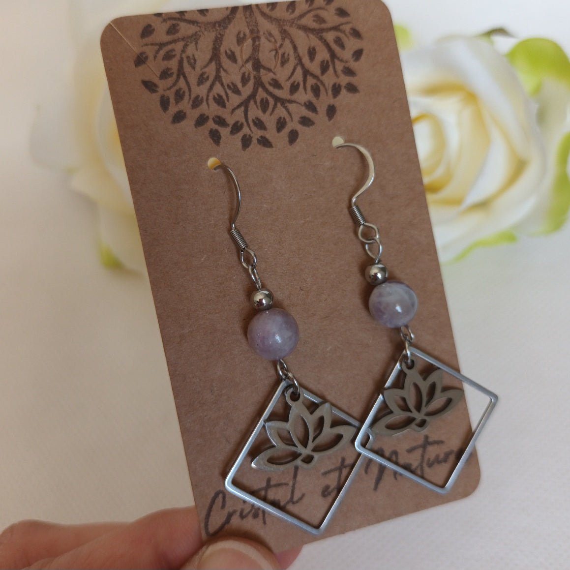 Boucles d’oreilles tourmaline rose - acier inoxydable - 6,5 × 2,7 cm