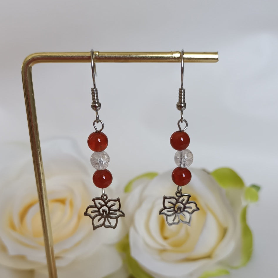 Boucles d’oreilles cornaline & cristal de roche - acier inoxydable - 5,5 × 1,4 cm