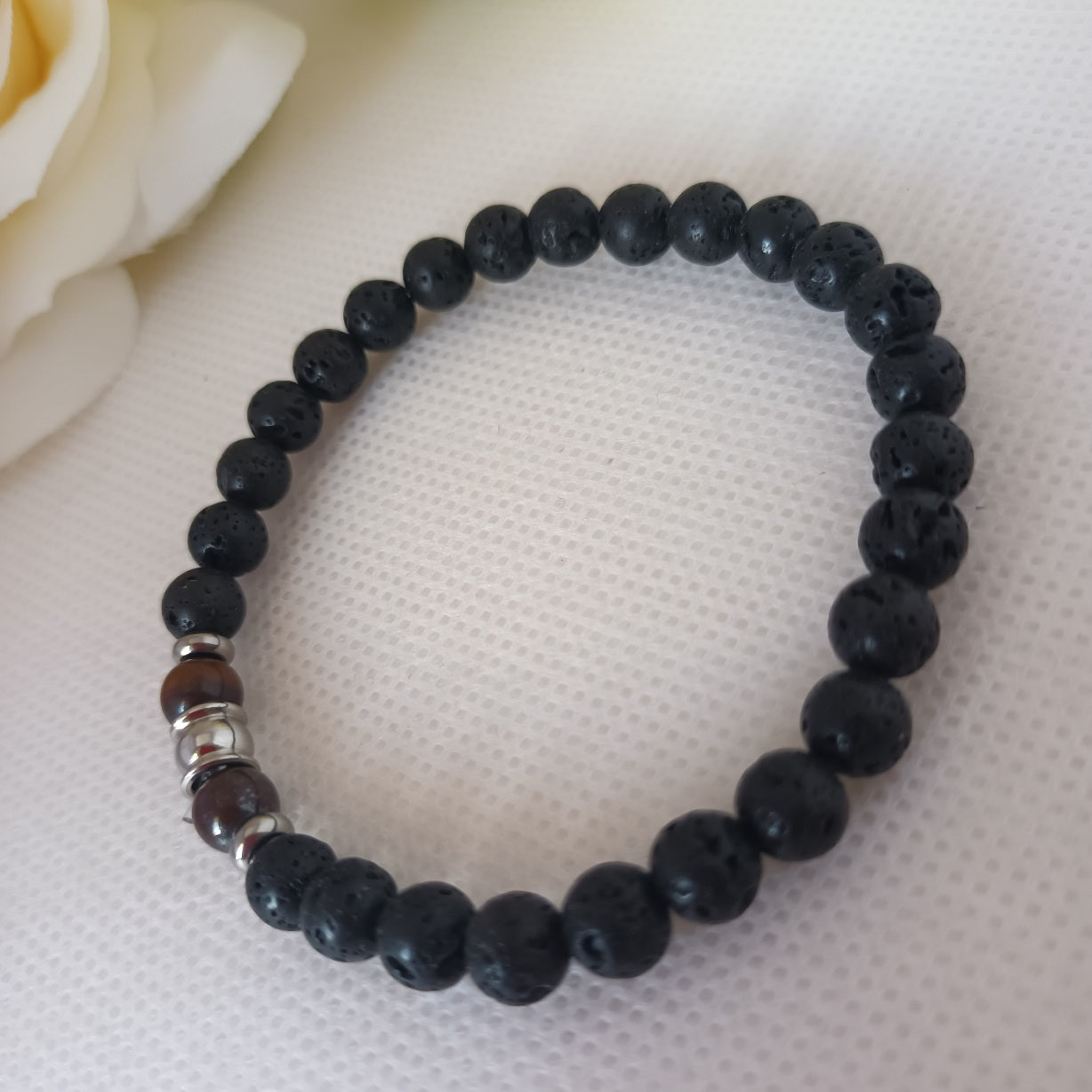 Bracelet pierre de lave et œil de tigre 6 mm - perles acier inox - élastique 16 cm