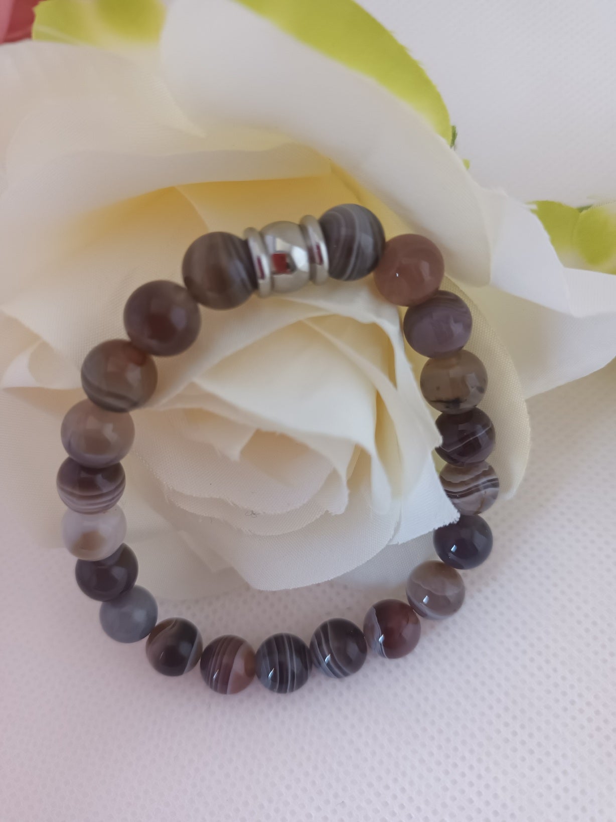 Bracelet agate Botswana 8 mm - perle acier inox - élastique 15 cm