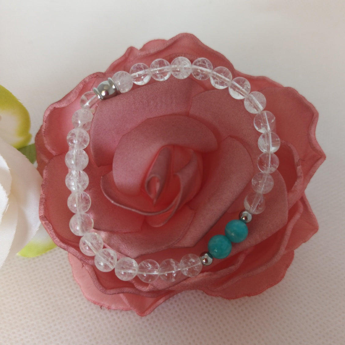 Bracelet cristal de roche et amazonite du Pérou 6 mm - perles acier inox - élastique 15 cm
