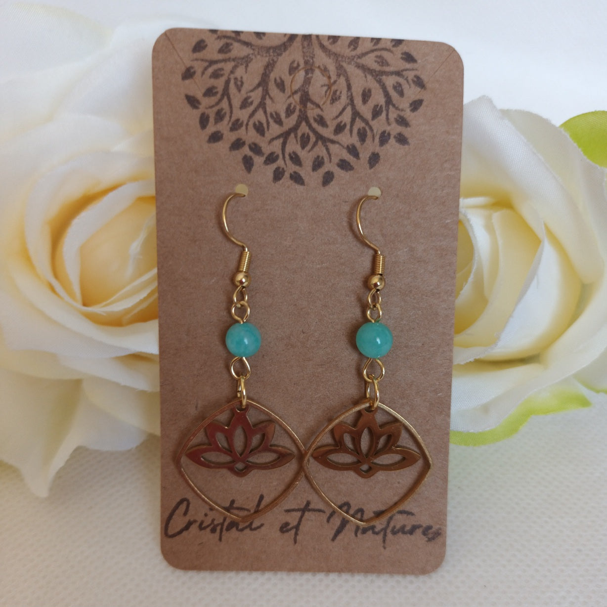 Boucles d’oreilles amazonite du Pérou & fleur de lotus - acier inoxydable - 5,4 × 2,2 cm