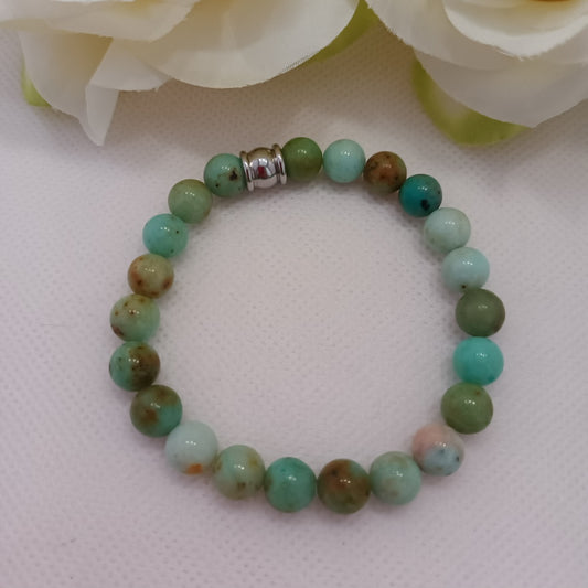 Bracelet turquoise de Mongolie 8 mm - perle acier inox - élastique 16 cm