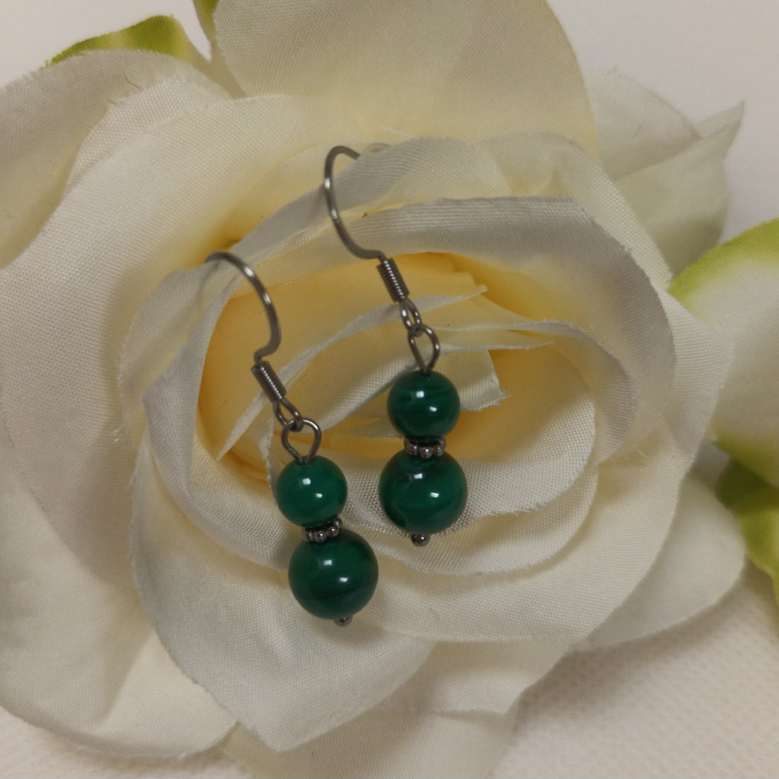Boucles d’oreilles malachite - acier inoxydable - 4 × 0,8 cm