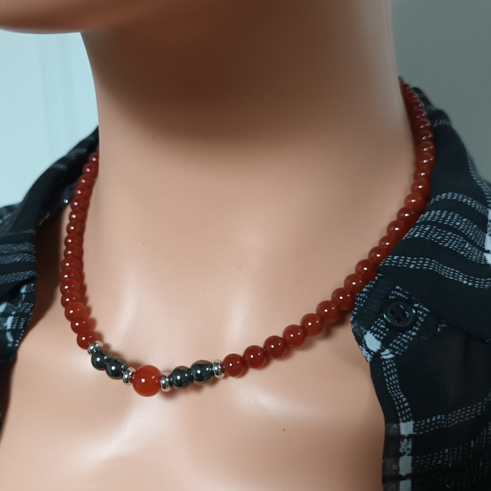 Collier cornaline & hématite - perles acier inox - réglable