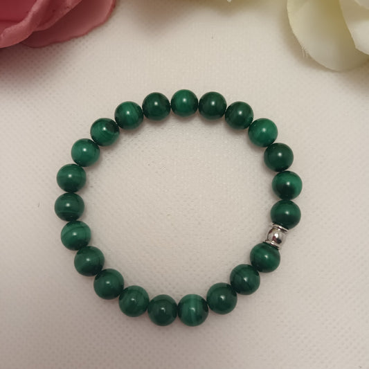 Bracelet malachite 8 mm - perle acier inox - élastique 16 cm