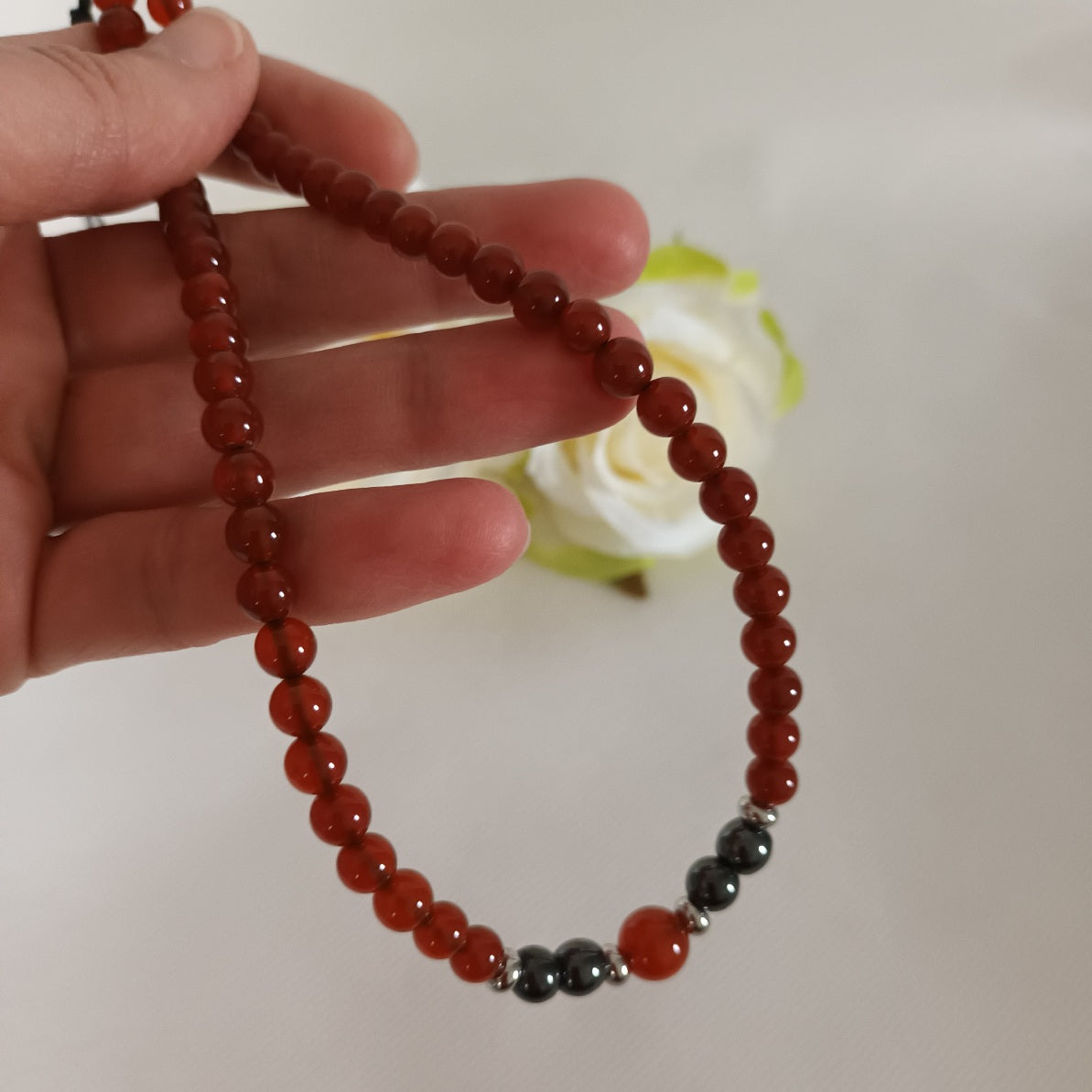 Collier cornaline & hématite - perles acier inox - réglable