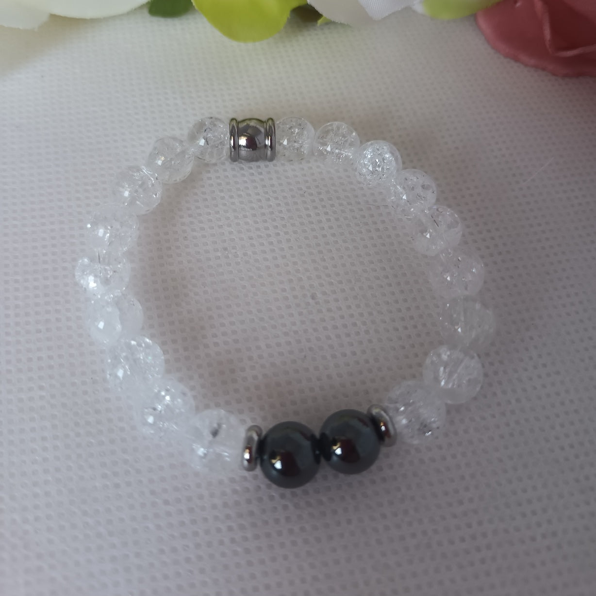 Bracelet cristal de roche et hématite magnétique 8 mm - perles acier inox - élastique 15 cm
