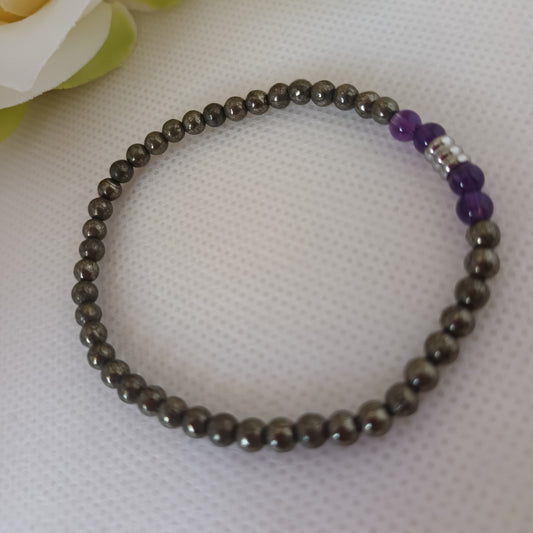 Bracelet pyrite et améthyste 4 mm - breloque acier inox - élastique 16 cm
