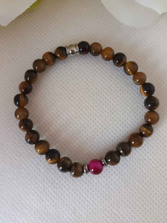 Bracelet œil de tigre 6 mm et perle œil de tigre rose - perle acier inox - élastique 15 cm