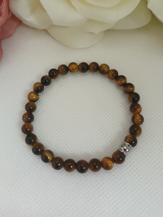 Bracelet œil de tigre 6 mm - perle acier inox - élastique