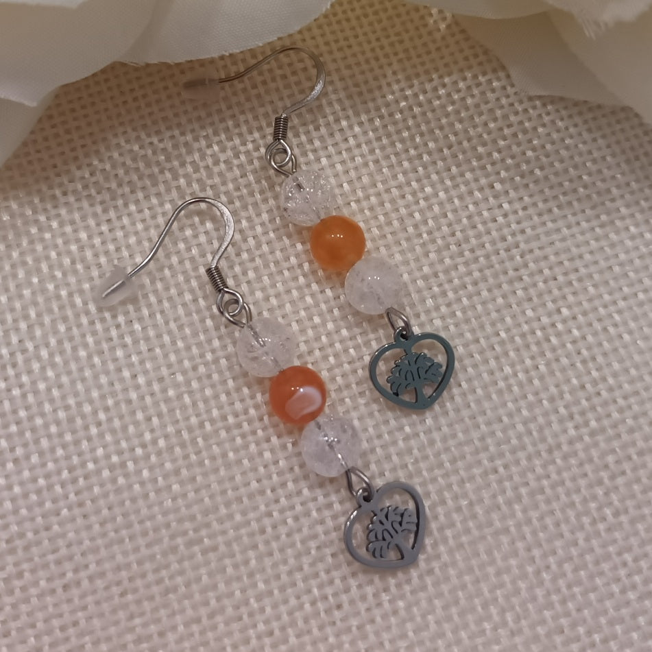 Boucles d’oreilles cristal de roche & agate de feu - acier inoxydable - 4,8 × 1 cm