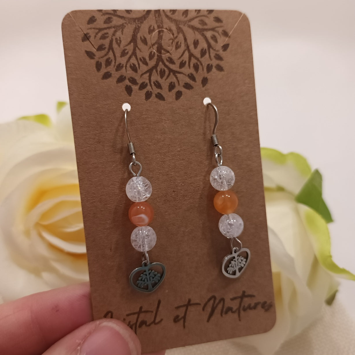 Boucles d’oreilles cristal de roche & agate de feu - acier inoxydable - 4,8 × 1 cm