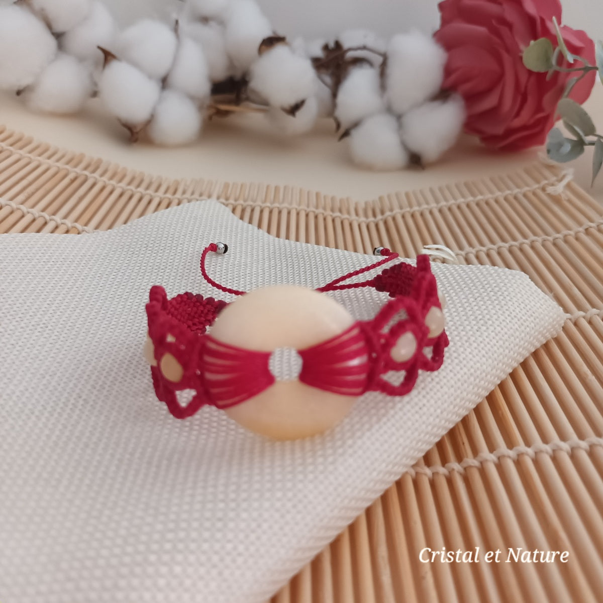 Bracelet calcite jaune - donut 3 cm - micro‑macramé - réglable