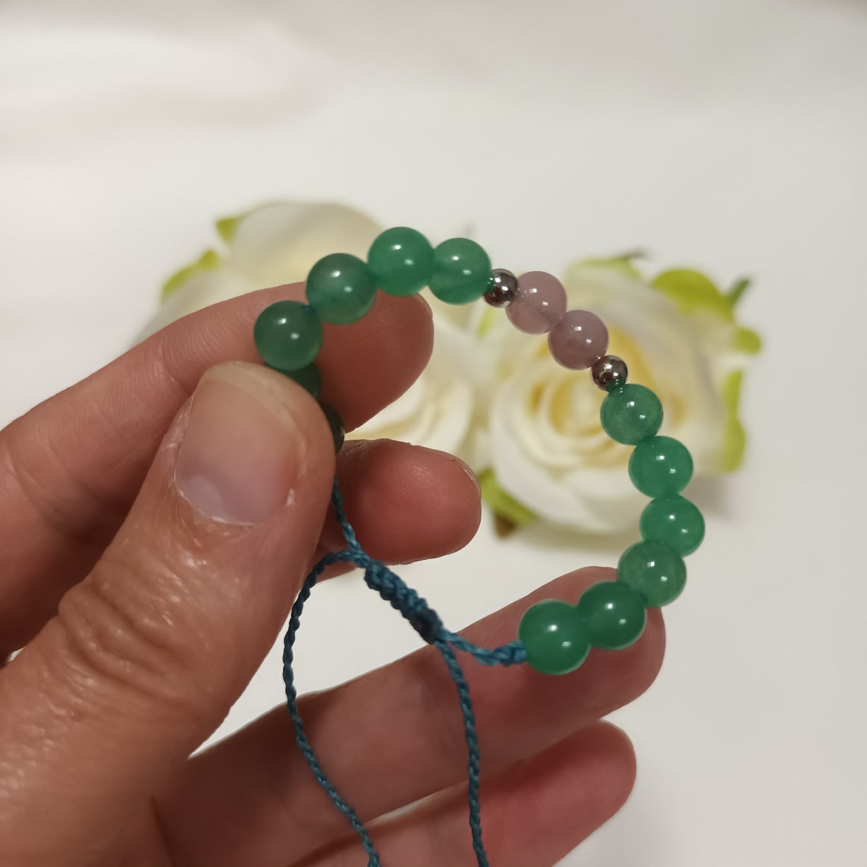 Bracelet aventurine verte & quartz rose 6 mm - ajustable - enfant