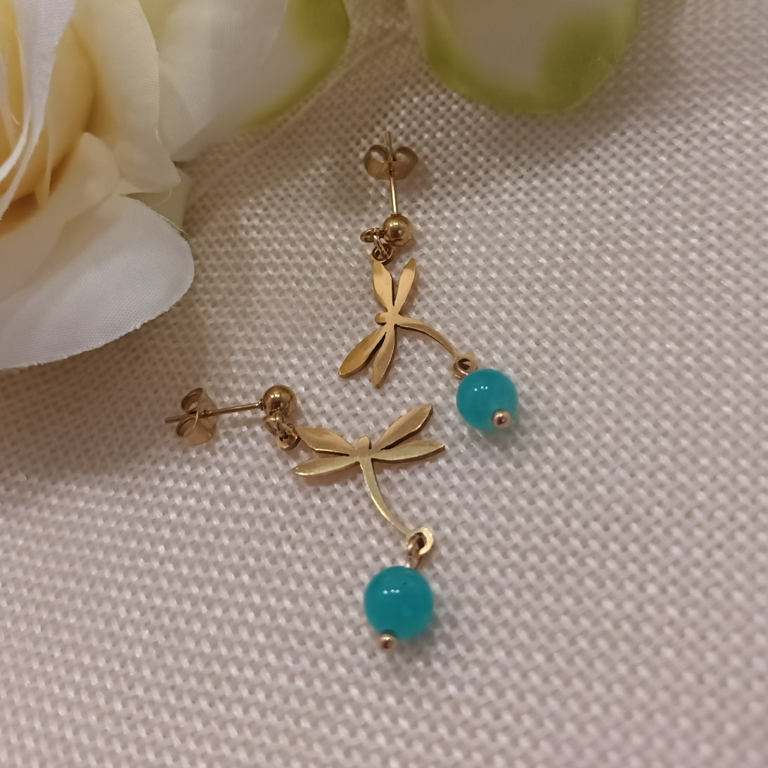 Boucles d’oreilles amazonite - motif libellule - acier inoxydable - 4 × 1,5 cm