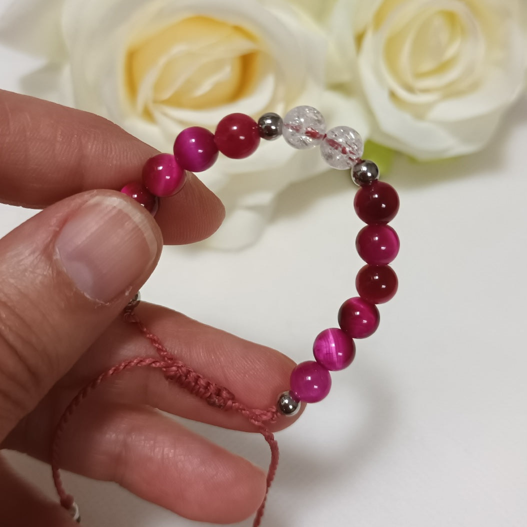 Bracelet œil de tigre teinté rose & cristal de roche 6 mm - réglable - enfant