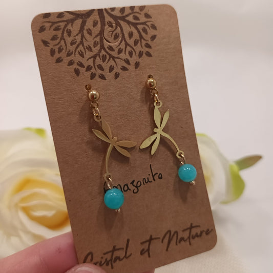 Boucles d’oreilles amazonite - motif libellule - acier inoxydable - 4 × 1,5 cm