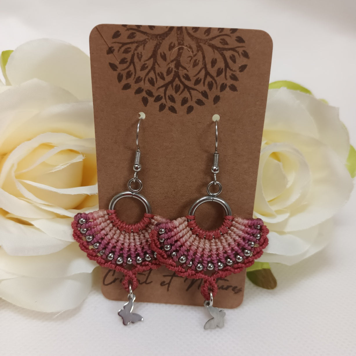 Boucles d’oreilles micro‑macramé - acier inoxydable - 7 × 3,8 cm